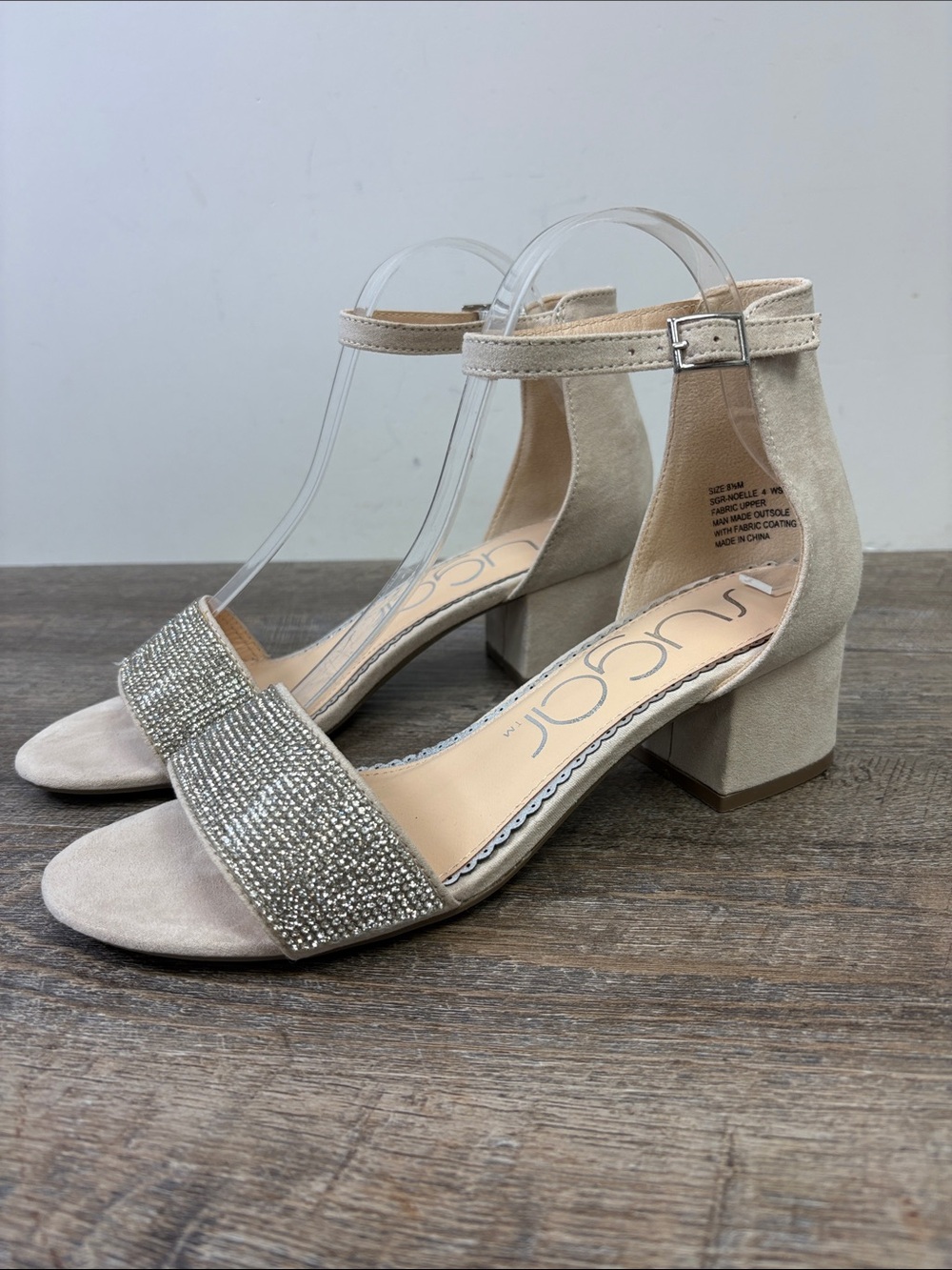 Sugar Noelle Rhinestone Block Heel Ankle Strap Sandals Nude Size 8.5M